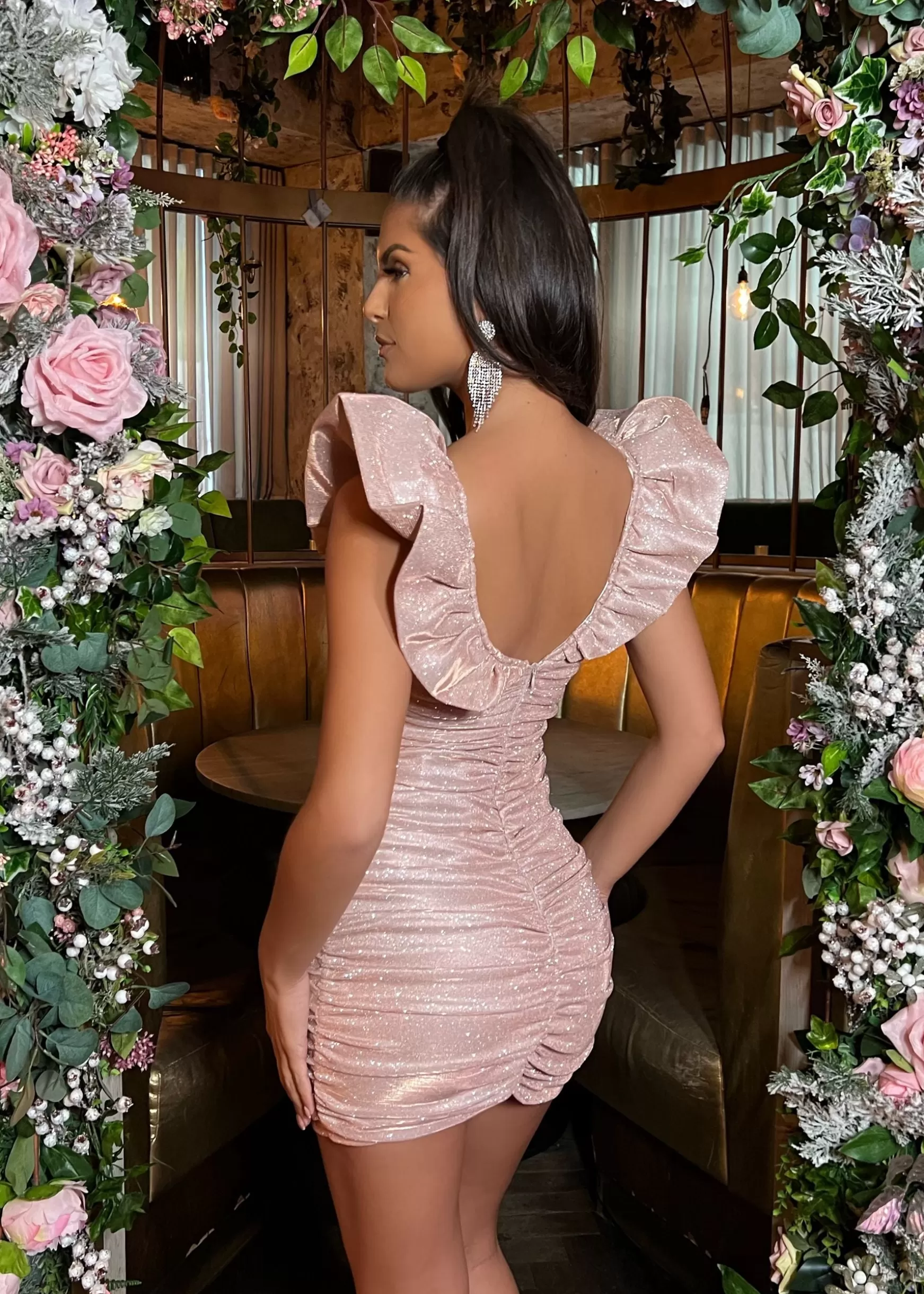 Dressmezee Dresses<Bling It On Extreme Puff Sleeve Glitter Dress - Rose Gold